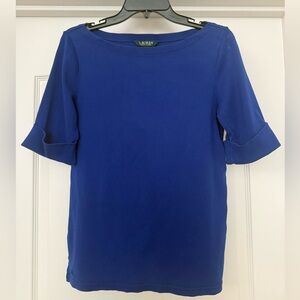 Lauren Ralph Lauren Women's Top L Blue Boat Neck Cuffed Short Sleeve